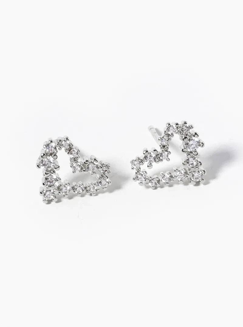 White Gold Dipped CZ Pave Heart Post Stud Earrings: Gold