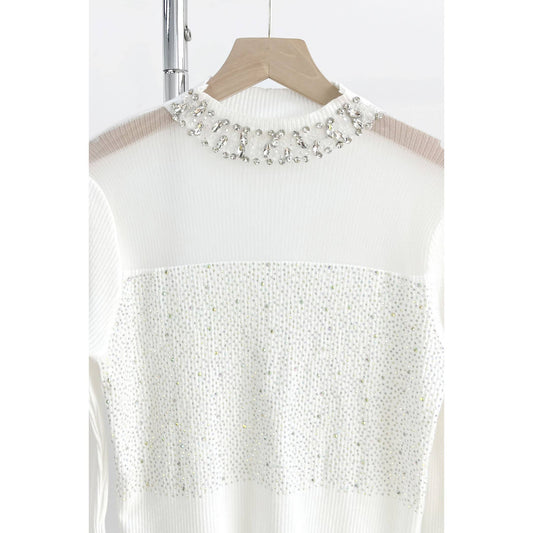 Contrast Fabric Jeweled Blouse: WHITE / ONE SIZE