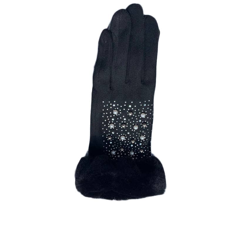 Pearl Rhinestone Suede Gloves GL0010: Red