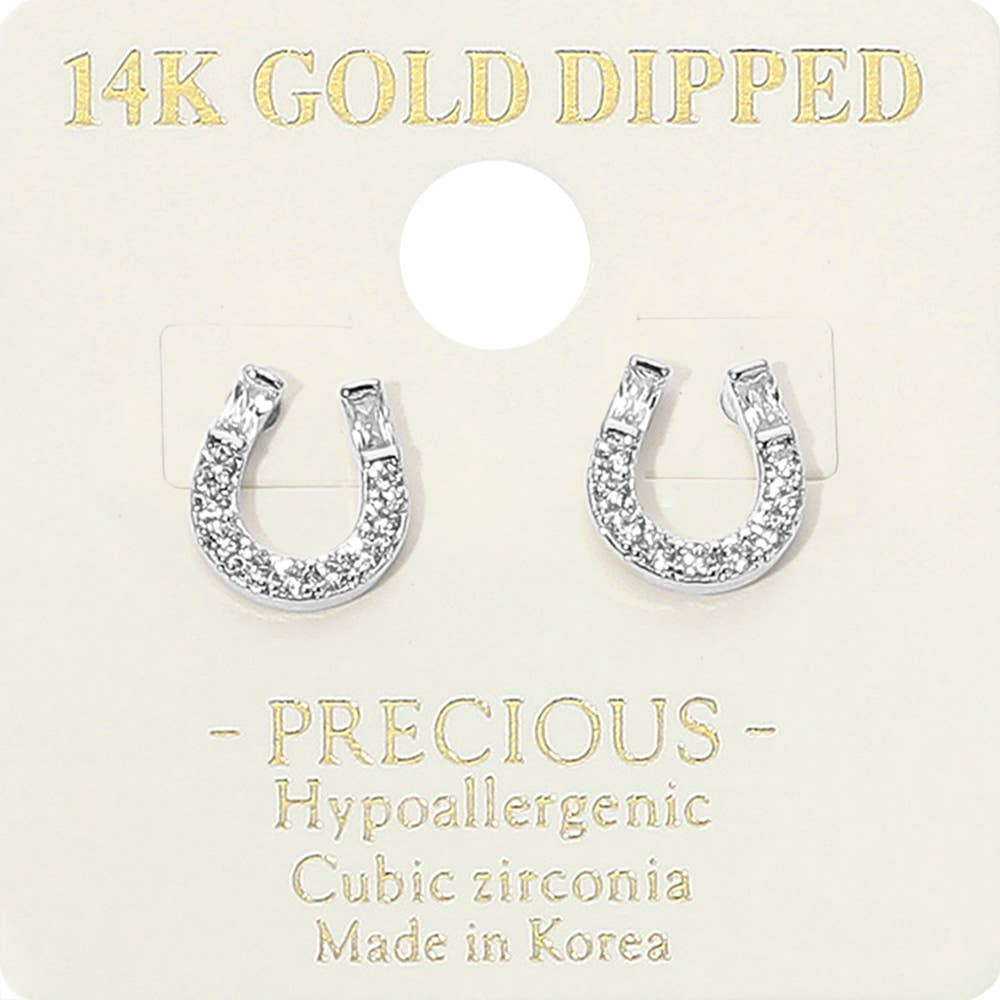 14K Gold Dipped Hypoallergenic CZ Stone Paved Horseshoe Stud Earrings: Gold