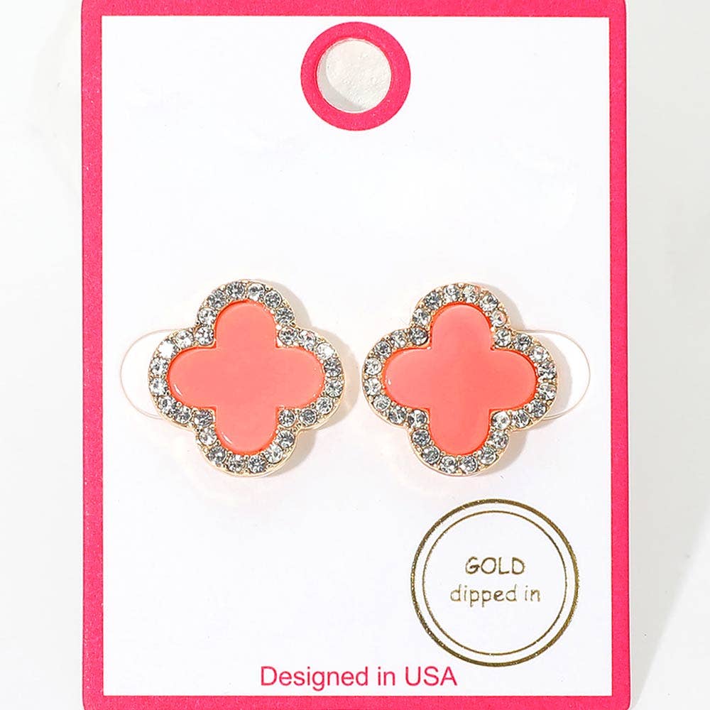 Gold Dipped Rhinestone Rim Quatrefoil Stud Earrings: Pink Rhodium