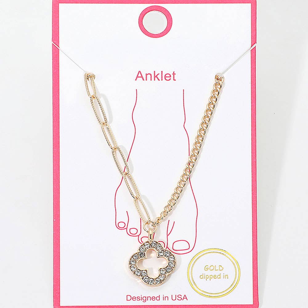 Gold Dipped Rhinestone Pave Open Quatrefoil Charm Accent Anklet: Gold