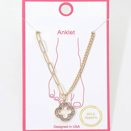Gold Dipped Rhinestone Pave Open Quatrefoil Charm Accent Anklet: Gold
