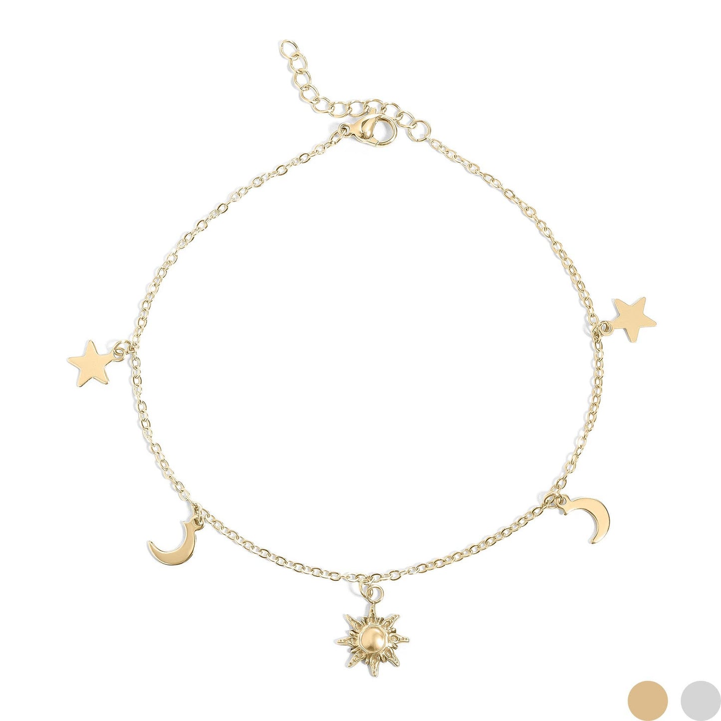 18K Gold PVD Stainless Steel Moon & Star Charm Anklet: Gold