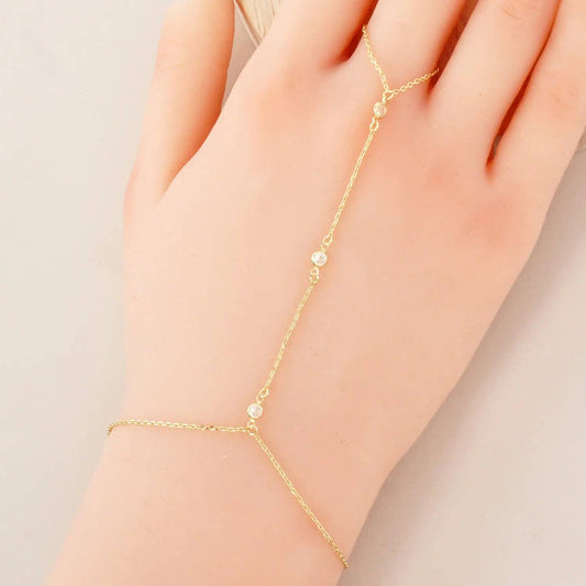 Three Round CZ Accent 18K-Gold-Dipped Delicate Brass Hand-Chain Bracelet: Gold
