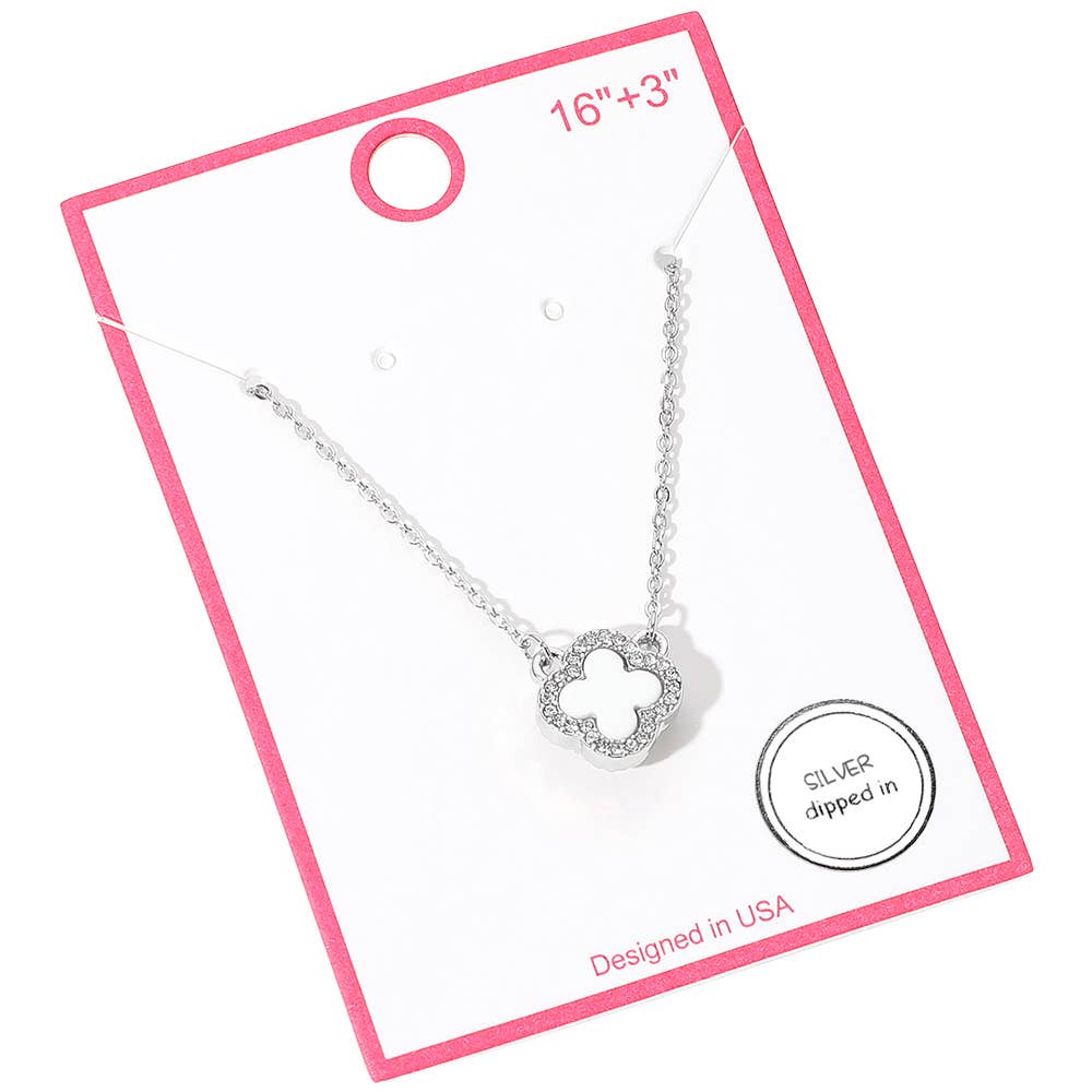 Gold Dipped Rhinestone Trim Quatrefoil Pendant Necklace: Rhodium,White
