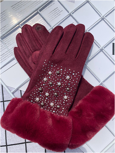 Pearl Rhinestone Suede Gloves GL0010: Red