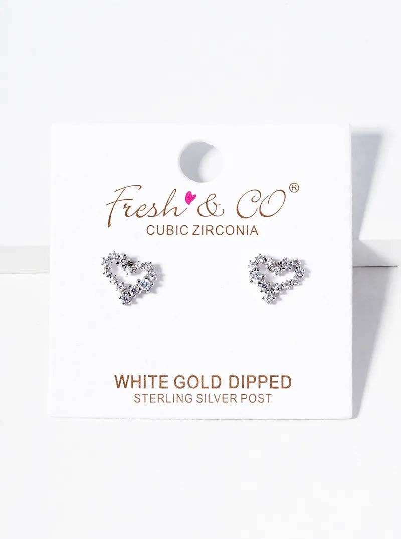 White Gold Dipped CZ Pave Heart Post Stud Earrings: Gold