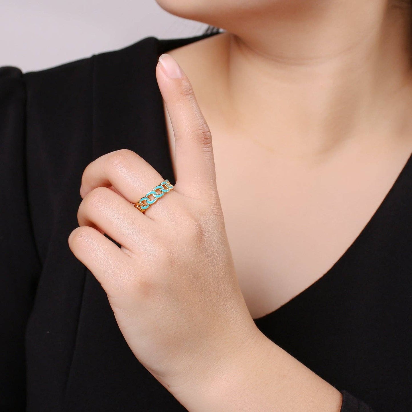 1x Enamel Gold Curb Chain Ring, Statement Ring, Chunky Link Chain Ring, Stackable Ring Thick Gold Ring Open Gold Ring gift for her: White