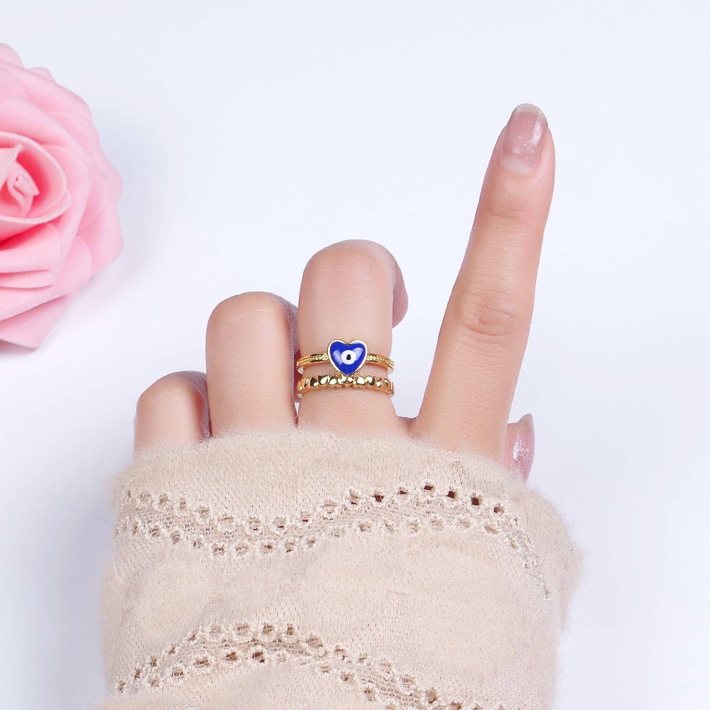 GoldFilled White/Blue Evil Eye Heart Beaded Double Band Ring: White