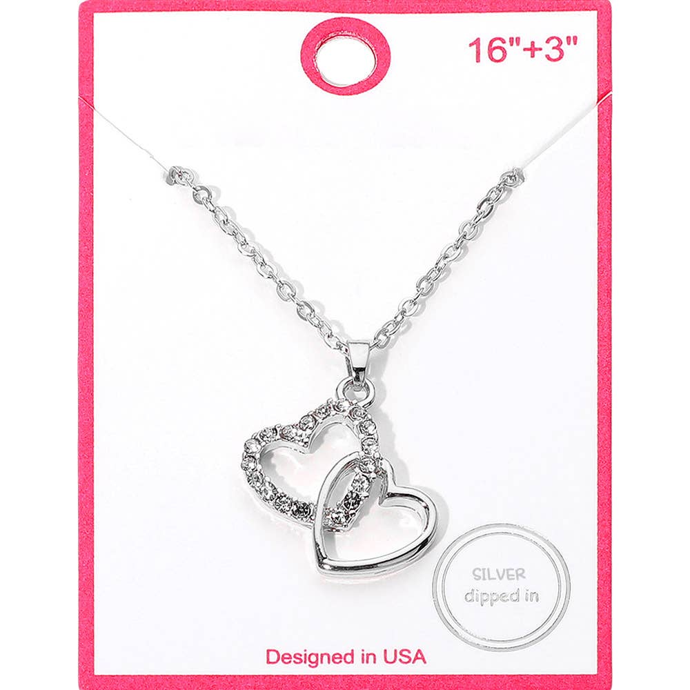Gold Dipped Rhinestone Paved Layered Double Heart Pendant Necklace: Clear,Gold