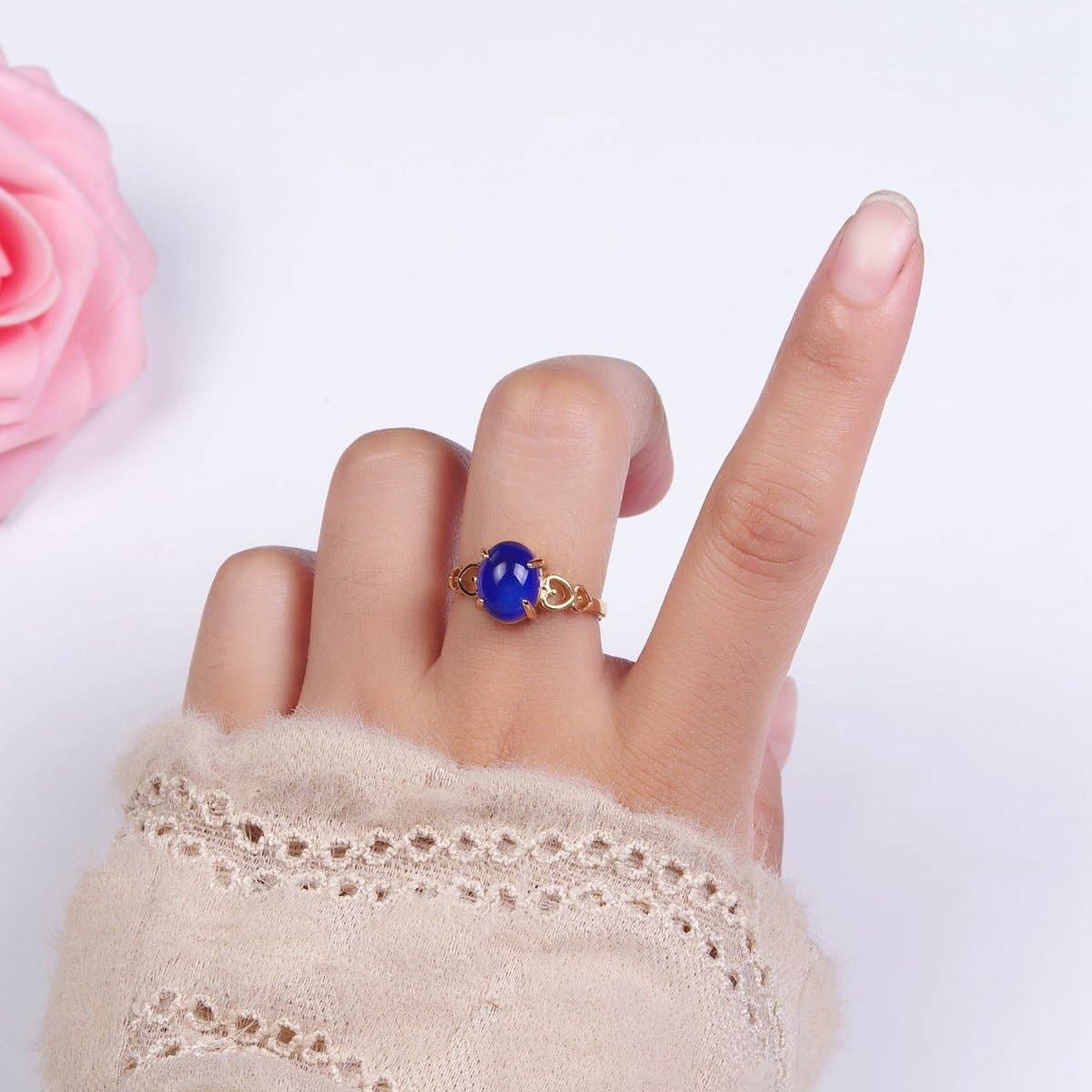 14K Gold Filled Open Heart Oval Opal Adjustable Mood Ring | O-1034