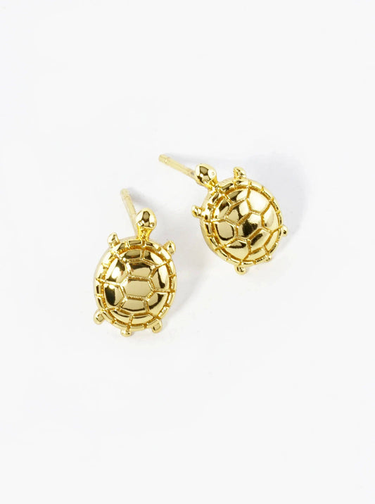 White Gold Dipped Textured 11mm Turtle Stud Earrings: Gold