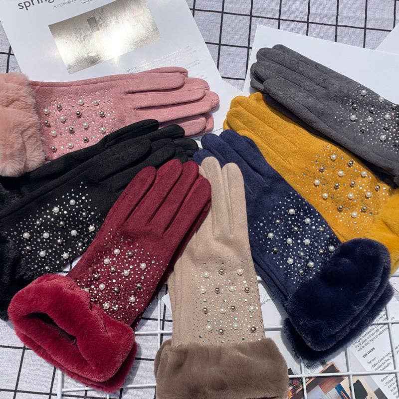 Pearl Rhinestone Suede Gloves GL0010: Red