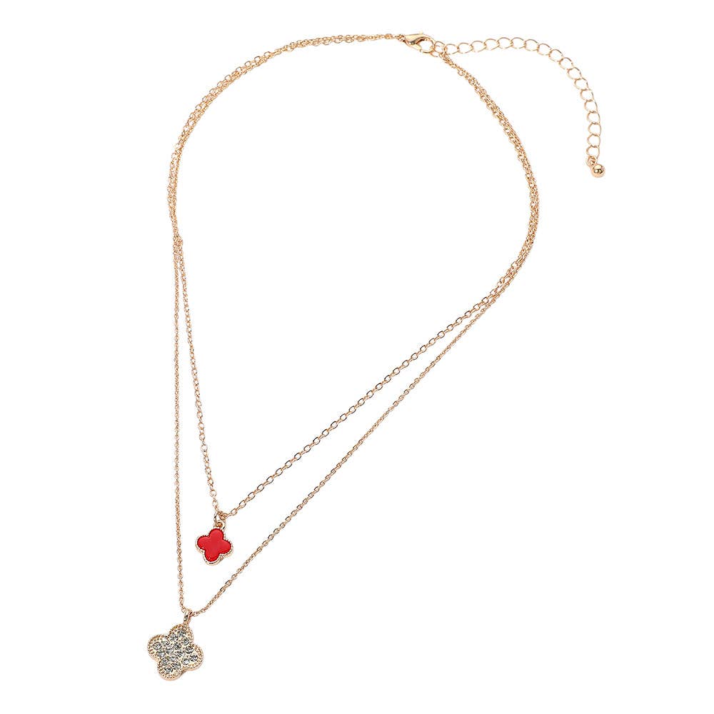 Gold Dipped Double Quatrefoil Pendant Layered Necklace: Gold,Red