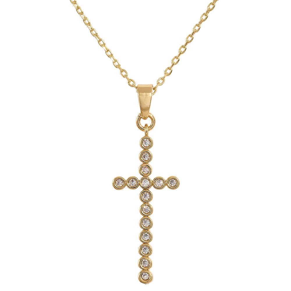 14K Gold Dipped CZ Stone Bezel Cross Pendant Necklace: Gold
