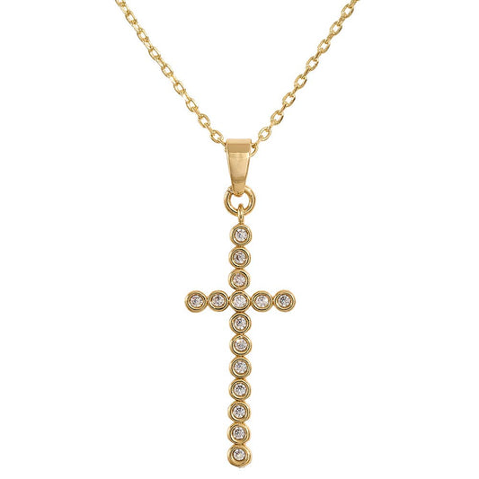 14K Gold Dipped CZ Stone Bezel Cross Pendant Necklace: Gold