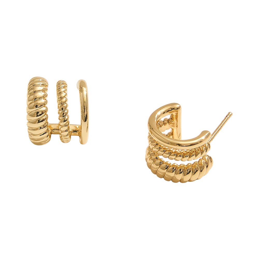 14K Gold Dipped Triple Rope Textured Hoop Earrings: Silver