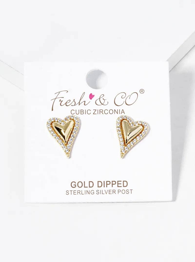 18K Gold Dipped Cz Pave Heart Post Stud Earrings: Rhodium
