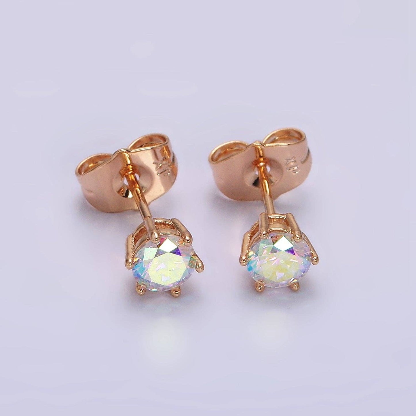 16K Gold Filled 6mm Round Iridescent AB CZ Stud Earrings