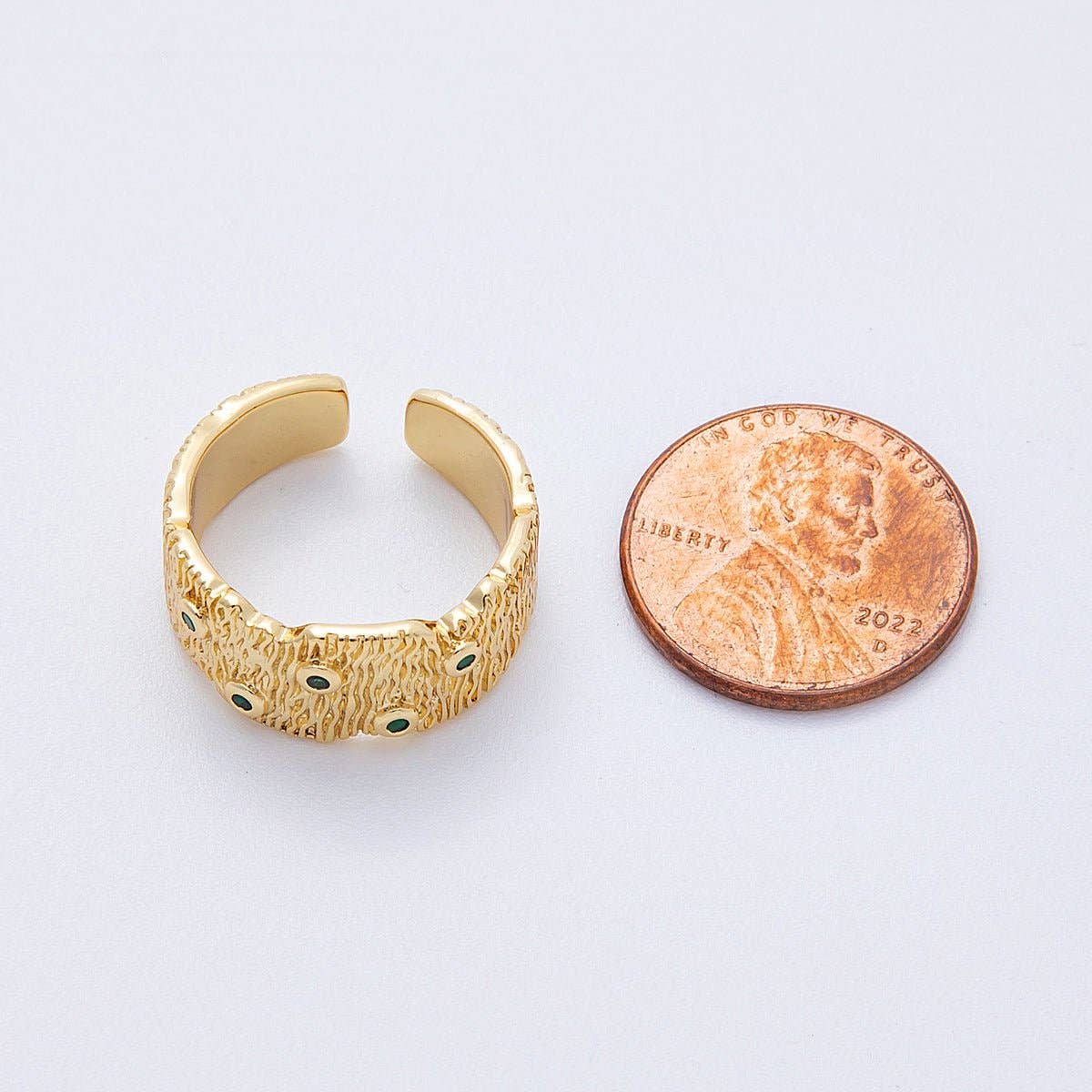 16K Gold Filled Green CZ Dotted Textured Ribbed Wide Band Ring | Rings-00032