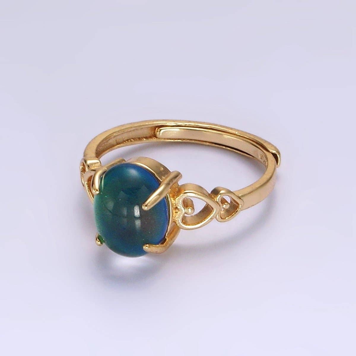 14K Gold Filled Open Heart Oval Opal Adjustable Mood Ring | O-1034