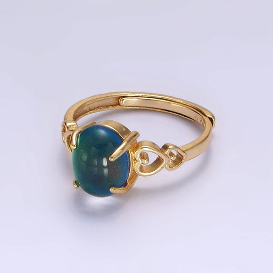 14K Gold Filled Open Heart Oval Opal Adjustable Mood Ring | O-1034