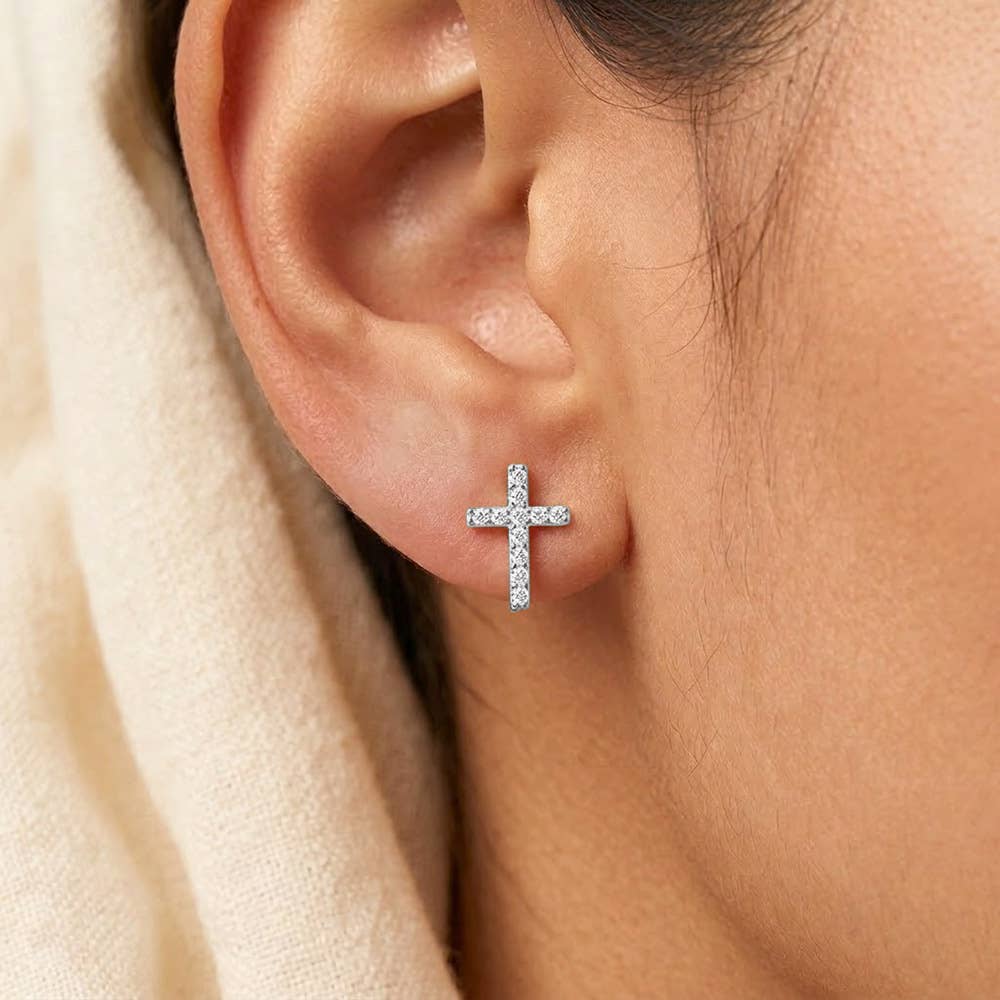 14K Gold Dipped CZ Pave Mini Cross Stud Earrings: Silver,White Gold