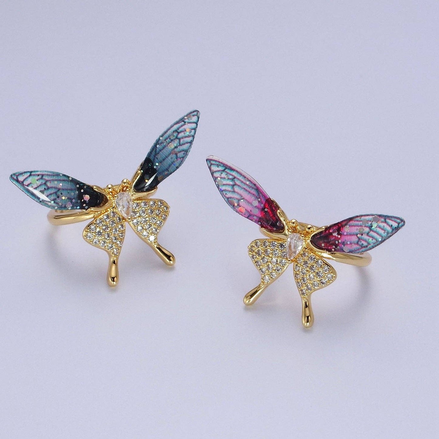 Fuchsia, Blue Micro Paved Butterfly Wings Teardrop Insect Gold Rings | Y400 Y401: Blue