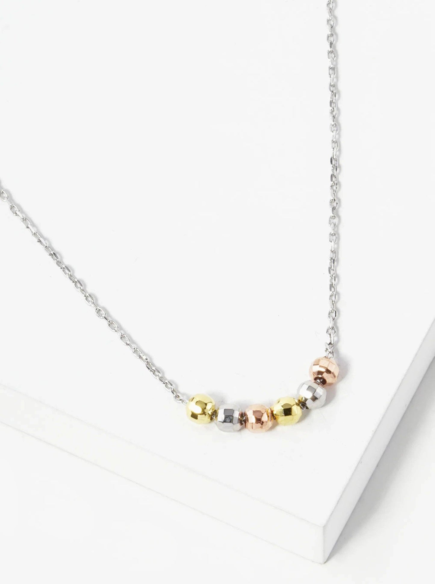 White Gold Dipped Tri Color Textured Beads Pendant Delicate Necklace: Gold