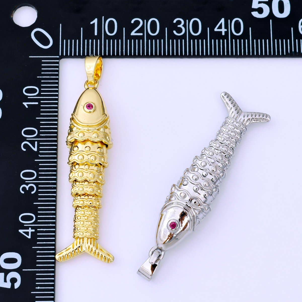 24K Gold Filled 43mm Fuchsia CZ Dotted Sardine Fish Multidimensional Charm in Gold & Silver | AA1620: GOLD