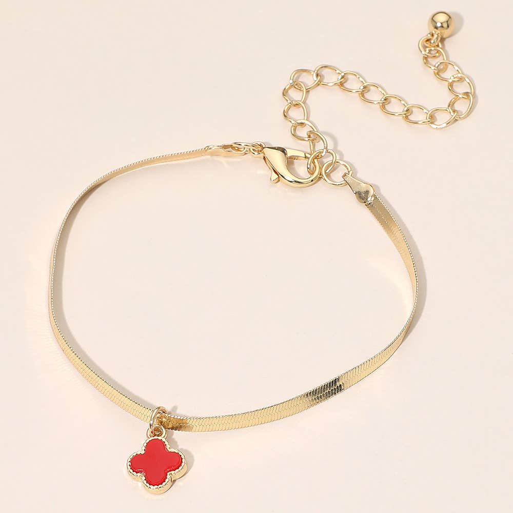 Gold Dipped Quatrefoil Charm Herringbone Chain Bracelet: Gold,Red