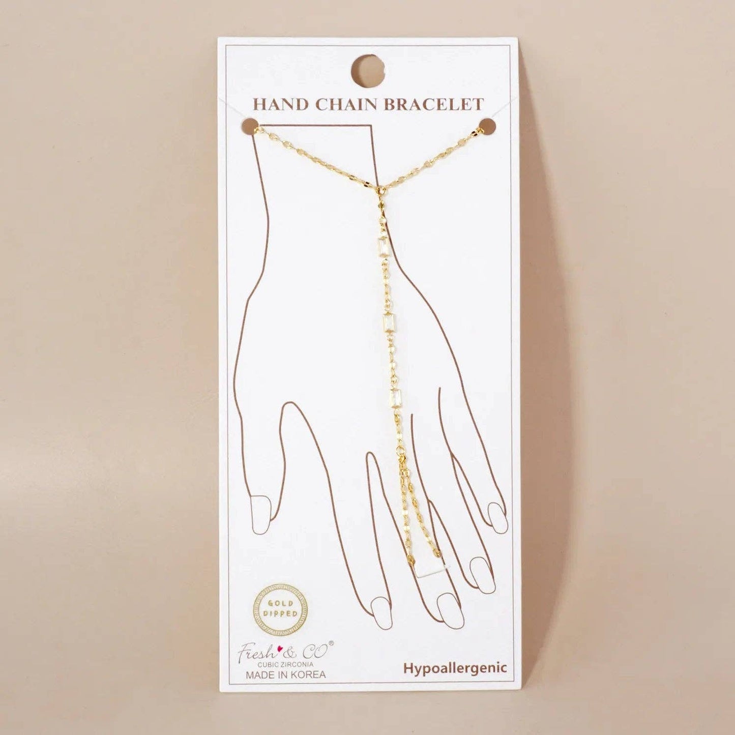 Three Rectangle CZ Accent 18K-Gold-Dipped Delicate Brass Hand-Chain Bracelet: Gold