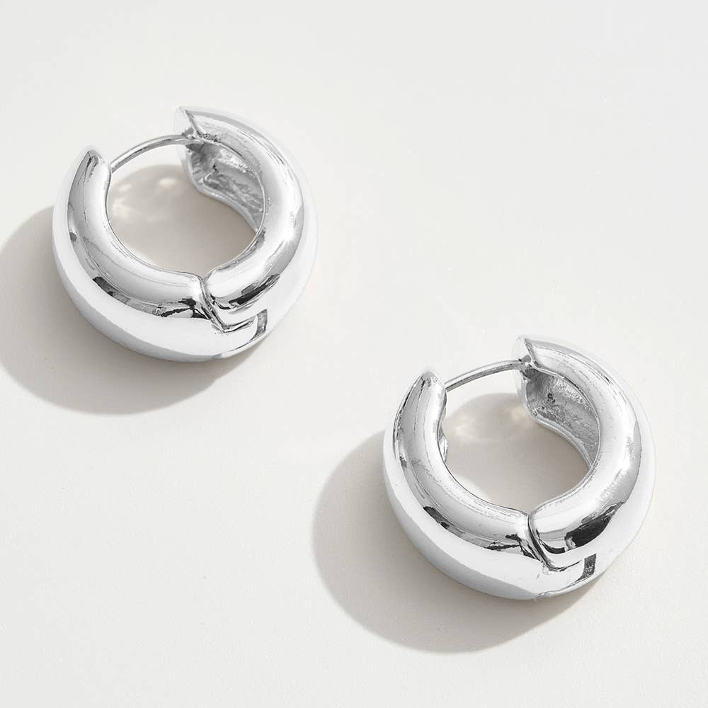 14K Gold Dipped Bold Round Huggie Hoop Earrings: Silver