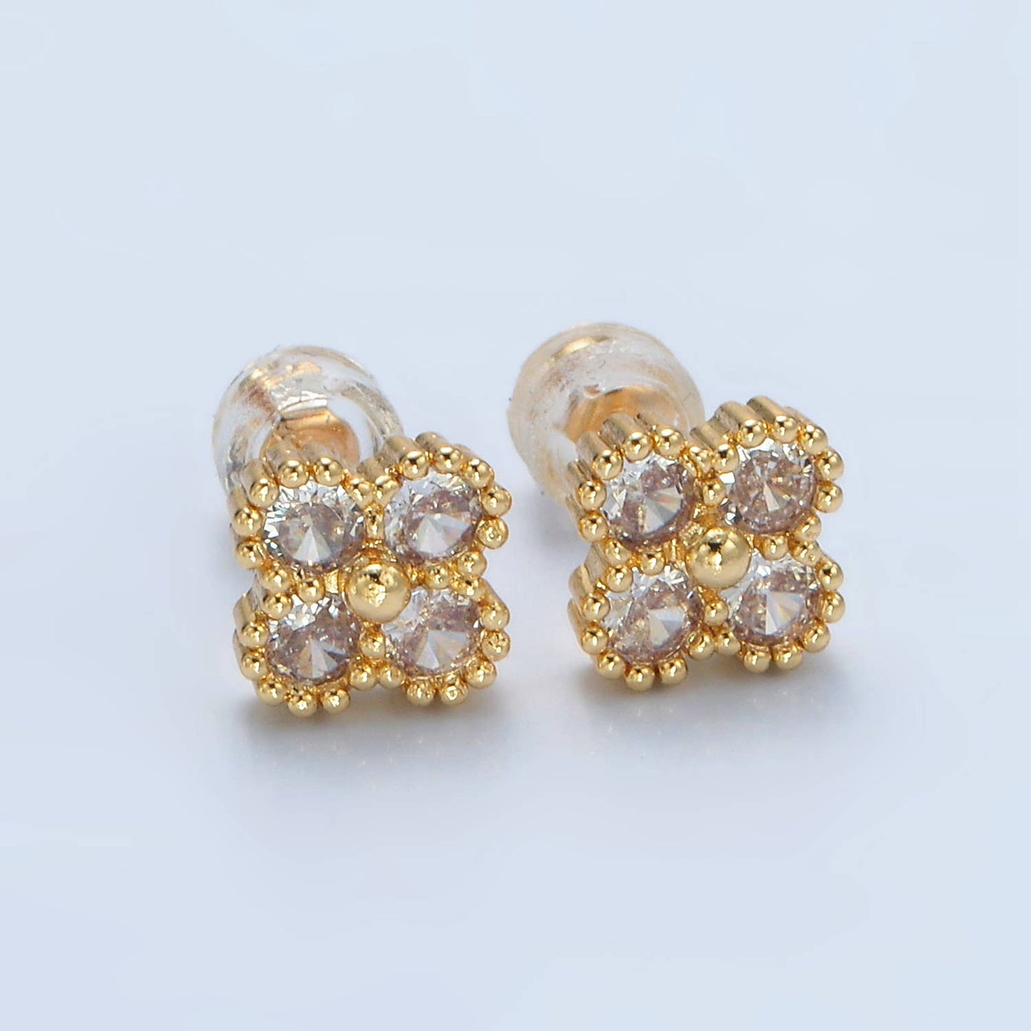 24K Gold Filled Fuchsia, Black, Clear Clover Stud Earring: Clear