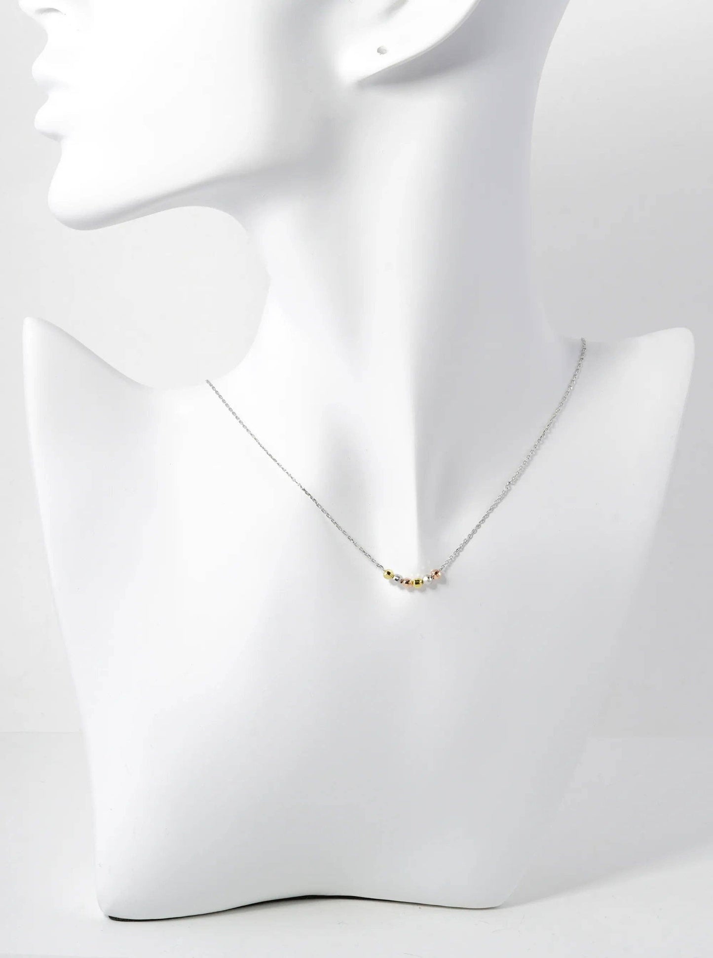 White Gold Dipped Tri Color Textured Beads Pendant Delicate Necklace: Gold