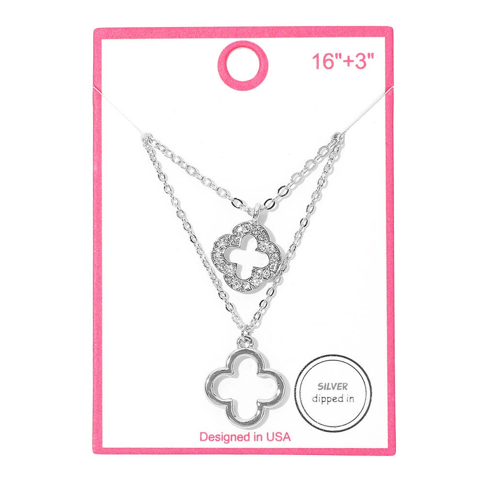 Gold Dipped Double Quatrefoil Pendant Layered Necklace: Clear,Gold