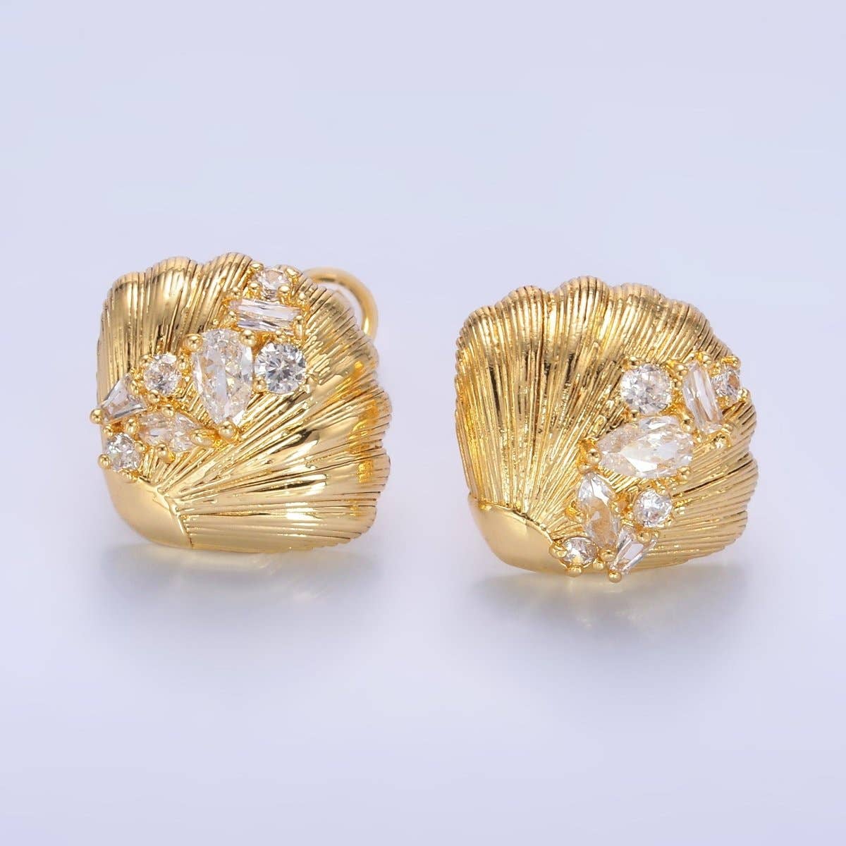 24K Gold Filled CZ Cluster Lined Sea Shell Stud Earrings | AB709