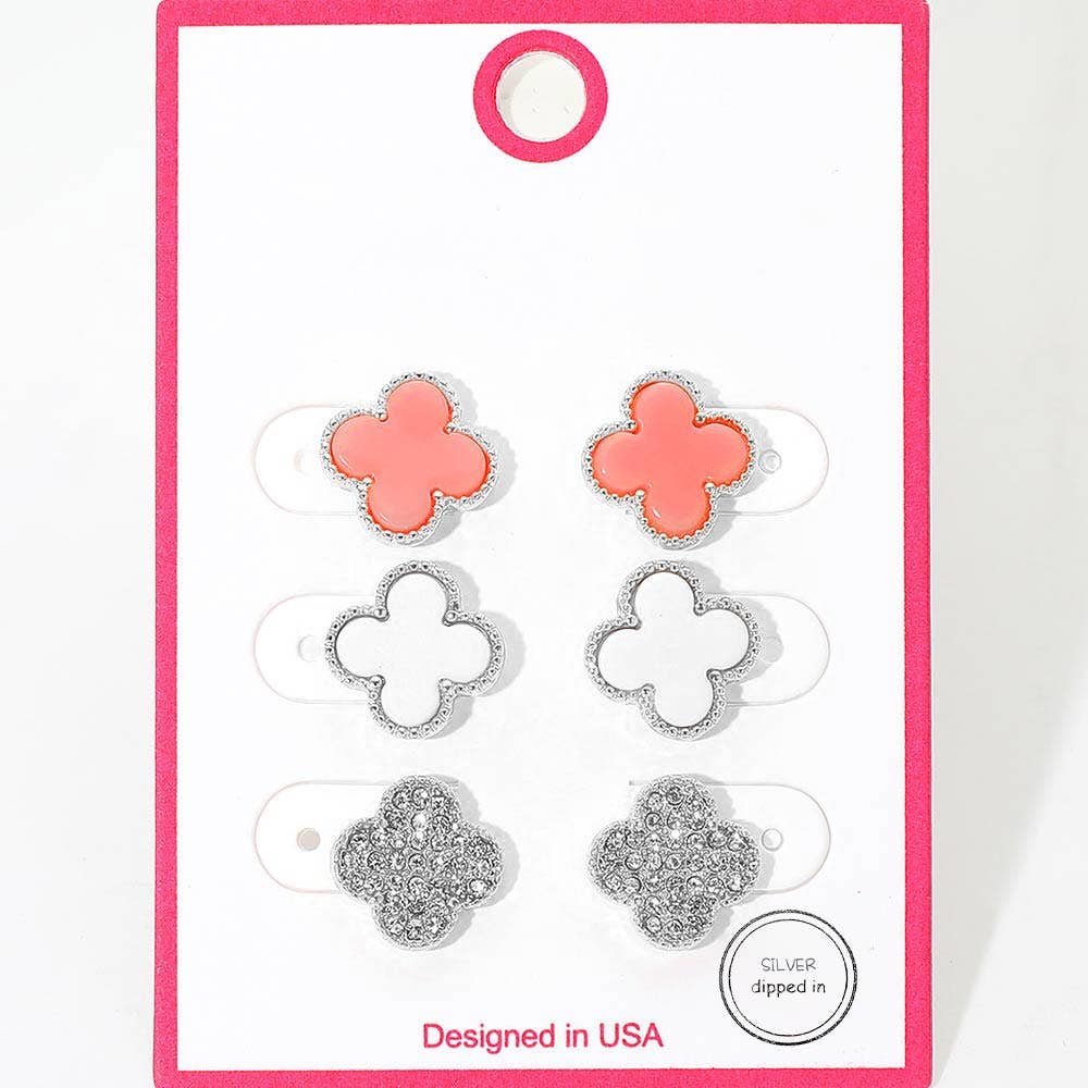 3Pairs - Gold Dipped Quatrefoil Stud Earring Set: Gold Pink