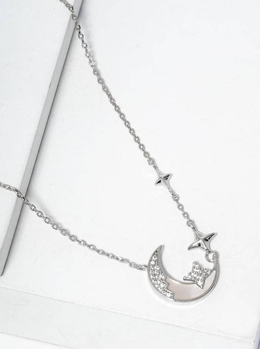 18K Gold Dipped Cz Pave Mop Crescent Moon Pendant Necklace: Rhodium