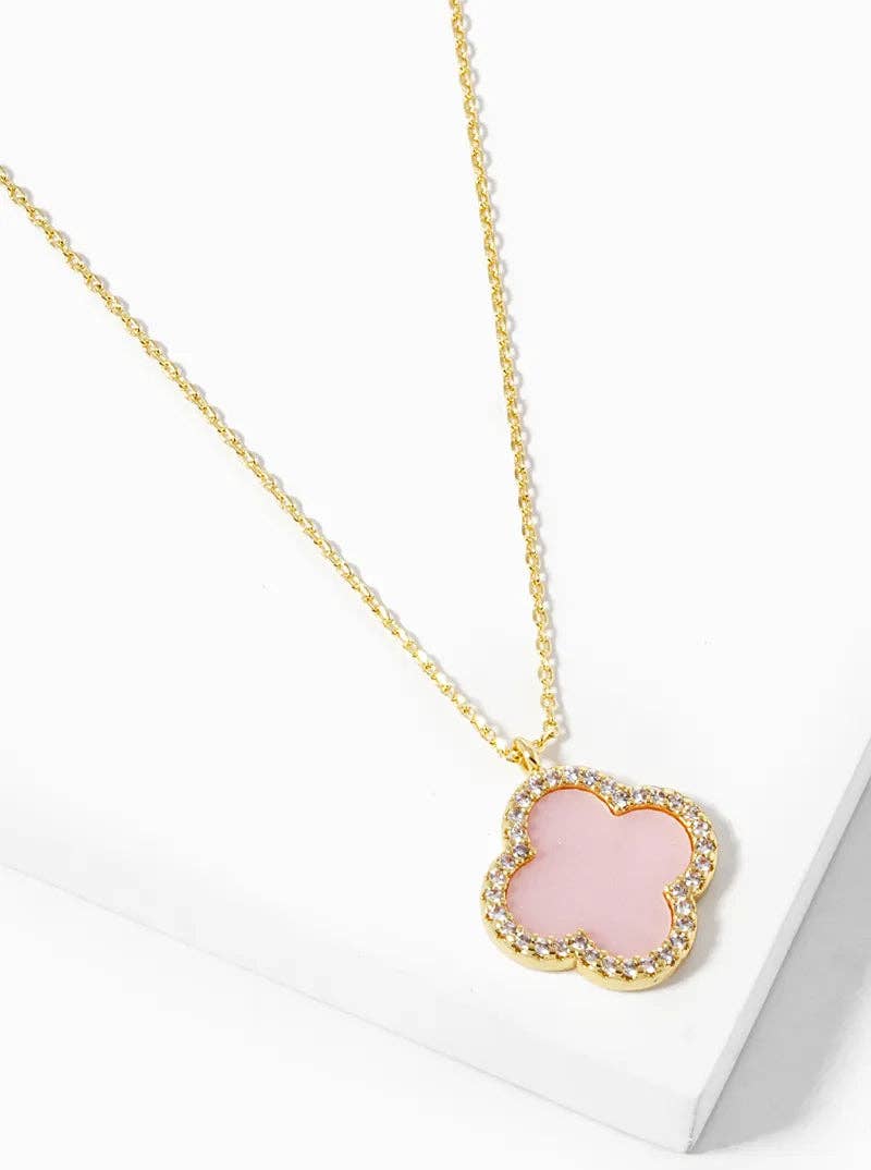 White Gold Dipped CZ Pave 15mm Quatrefoil Pendant Necklace: Gold-Black