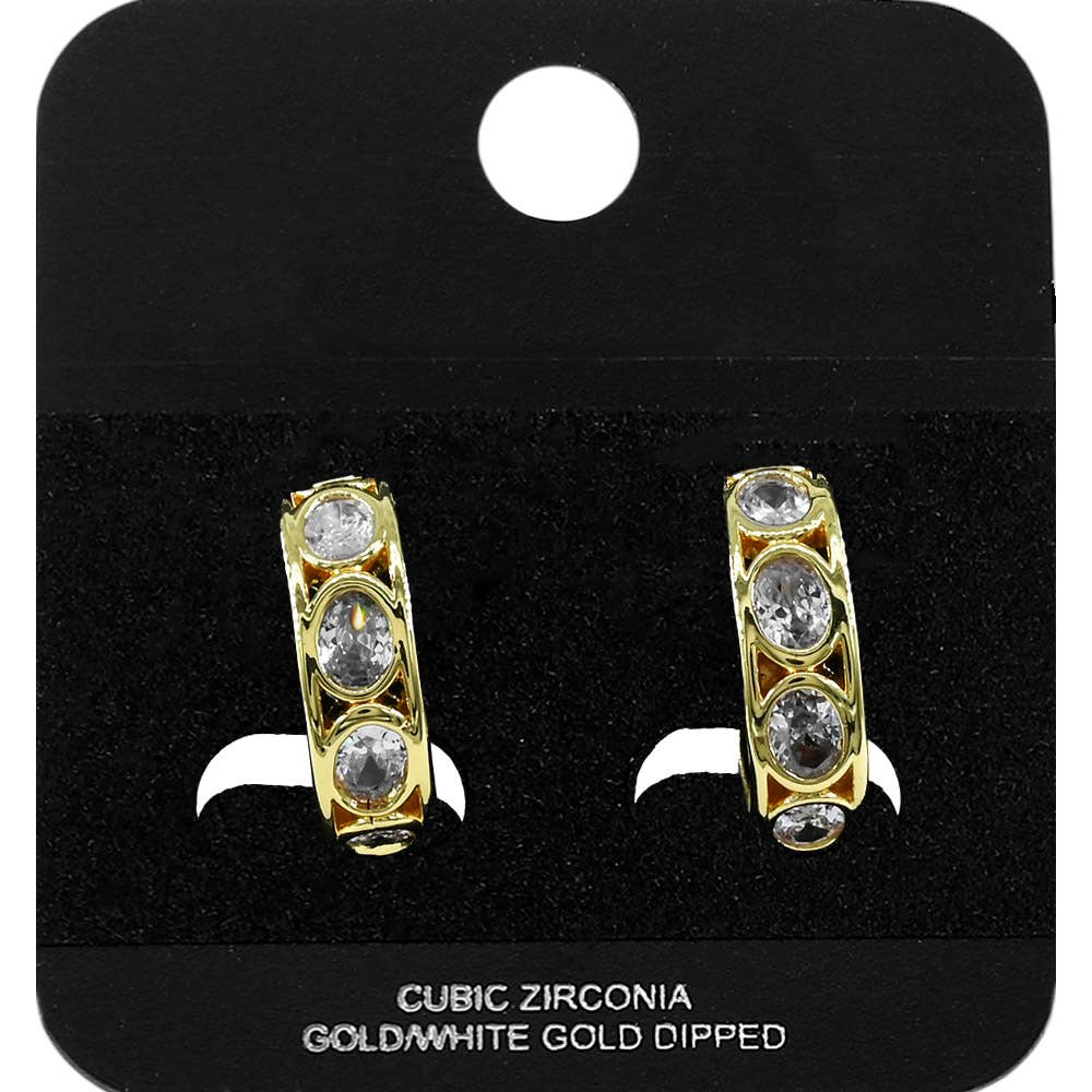 Gold Dipped Oval CZ Bezel Around Mini Open Hoop Earrings: Gold