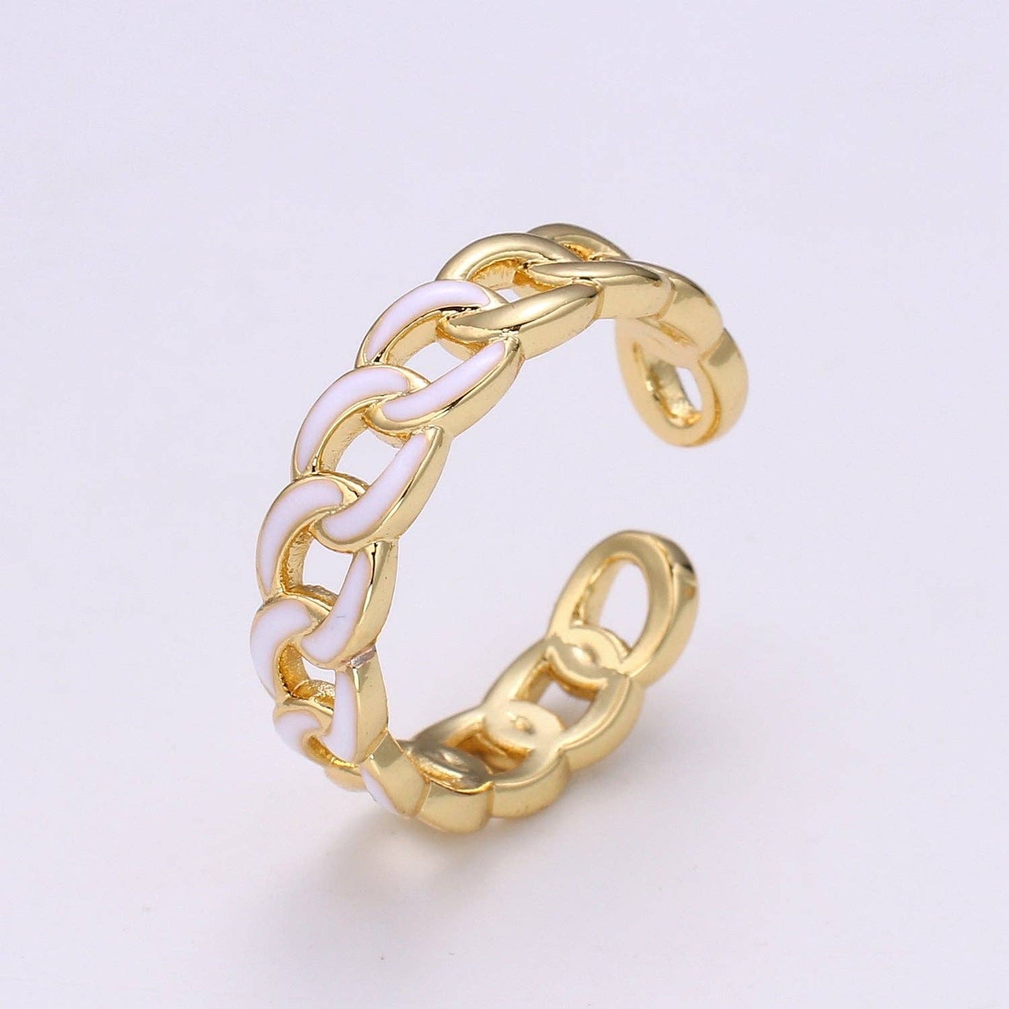1x Enamel Gold Curb Chain Ring, Statement Ring, Chunky Link Chain Ring, Stackable Ring Thick Gold Ring Open Gold Ring gift for her: White