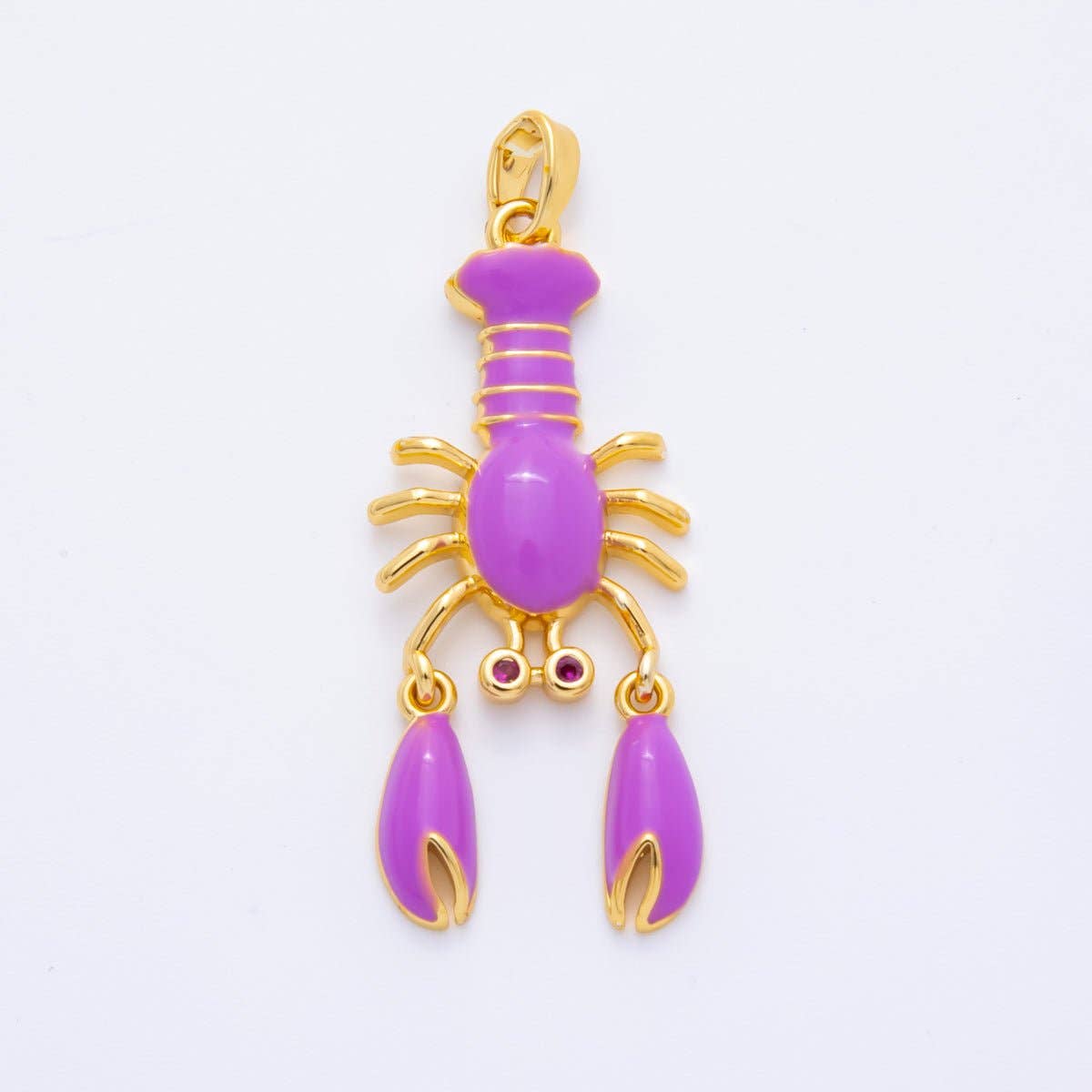 18K Gold Filled 39mm Red, Purple, Green Enamel CZ Crustacean Lobster Pendant | AH798 AH799: Red