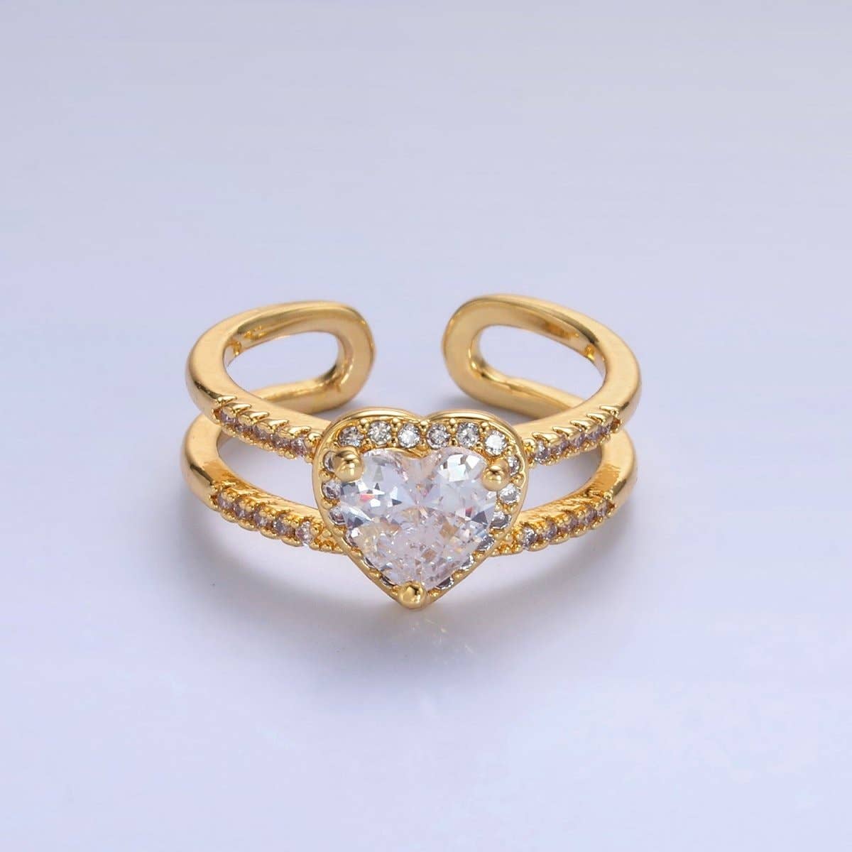 24K Gold Filled Heart CZ Micro Paved Double Band Ring | O546