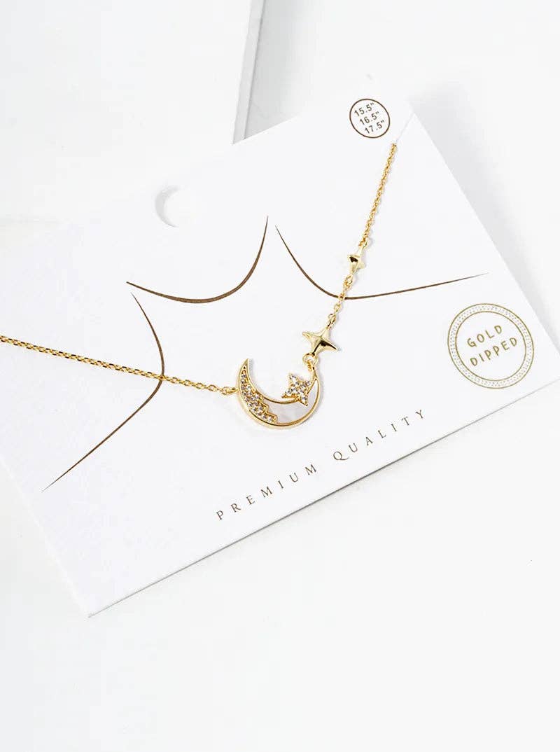 18K Gold Dipped Cz Pave Mop Crescent Moon Pendant Necklace: Rhodium