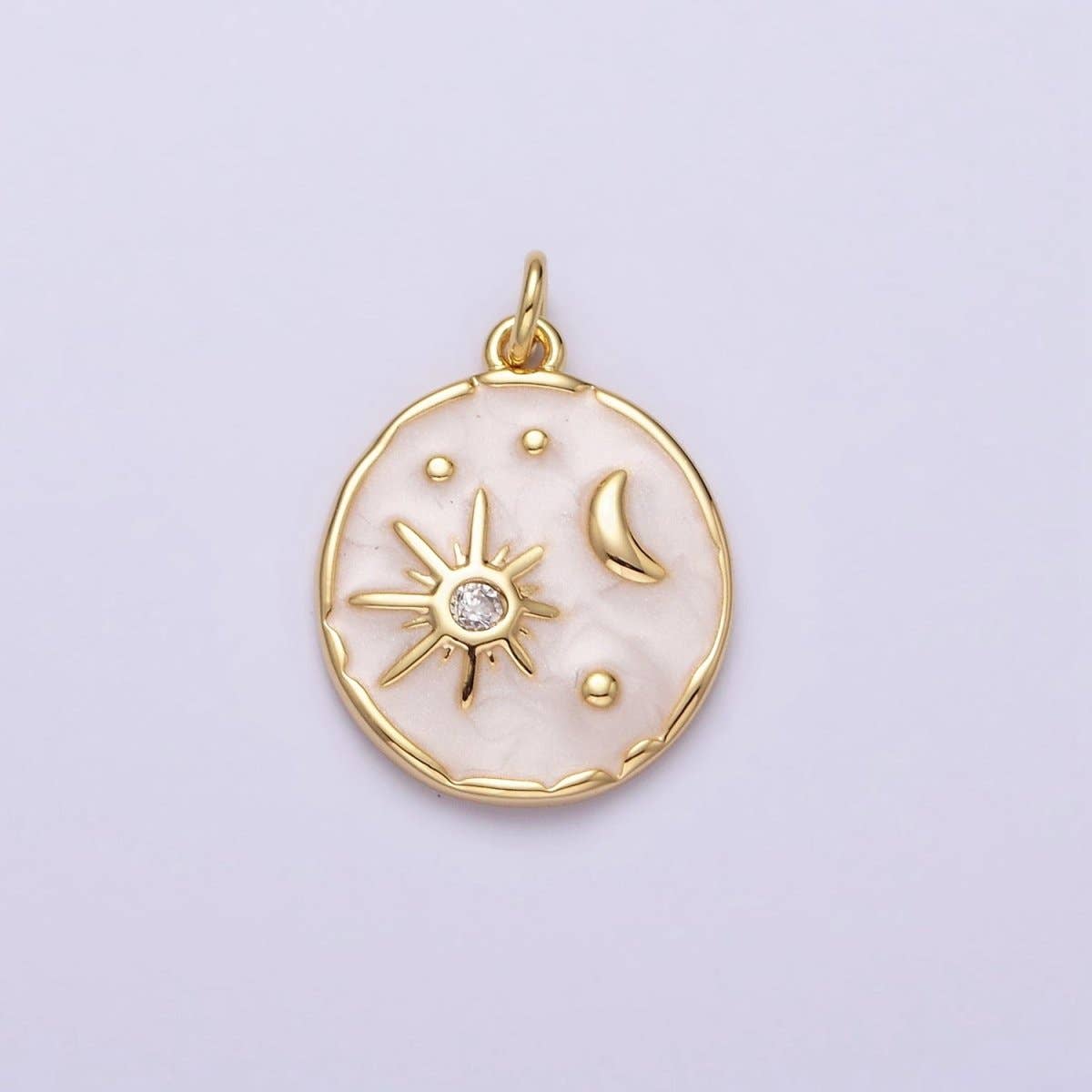 16K Gold Filled Celestial Sun Star Crescent Moon White, Blue, Pink Sparkly Enamel Round Stamped Charm in Gold & Silver | AC1356 - AC1361: Gold / Pink