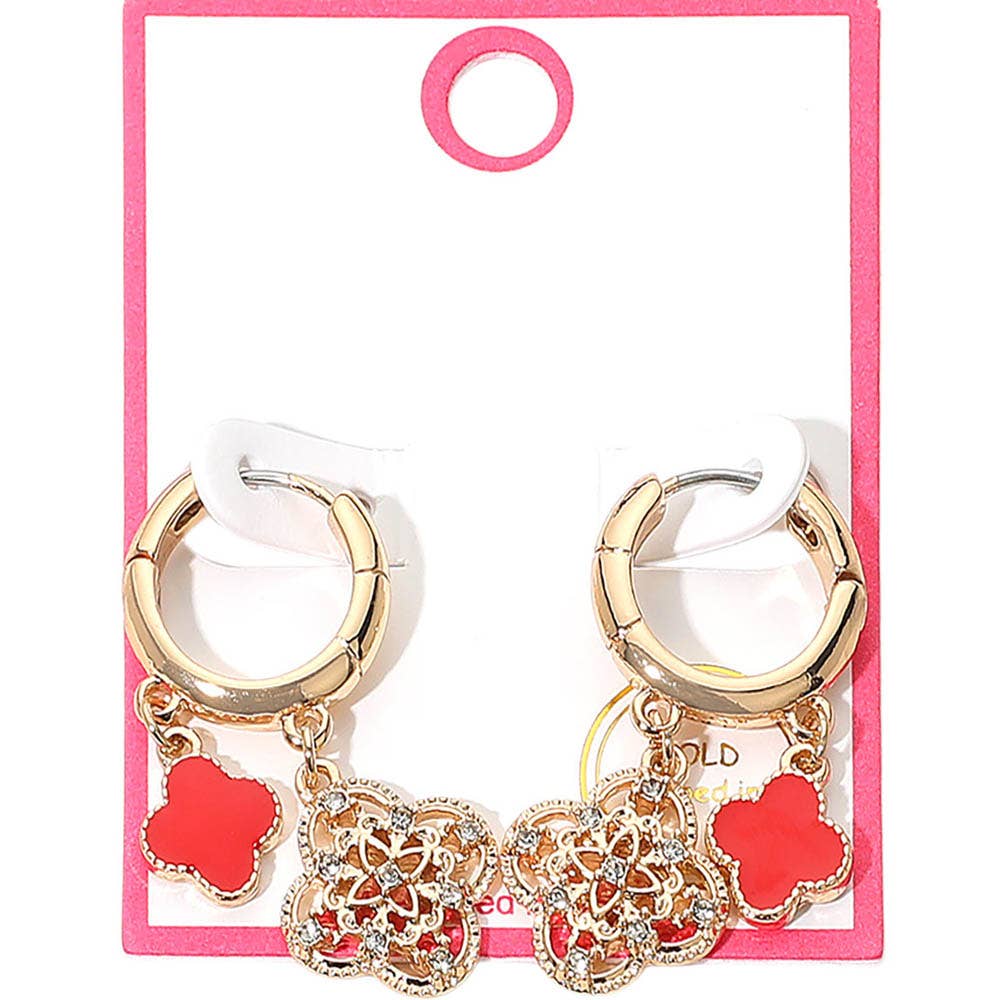 Gold Dipped Quatrefoil Huggie Hoop Earrings: Gold,Red