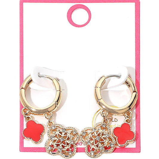 Gold Dipped Quatrefoil Huggie Hoop Earrings: Gold,Red