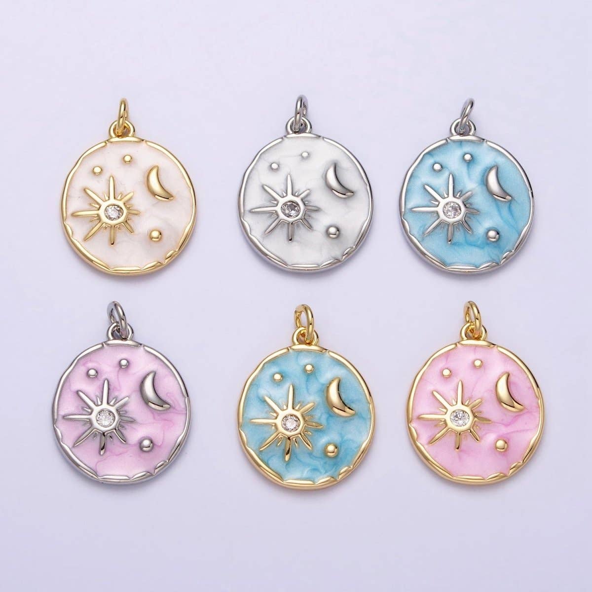 16K Gold Filled Celestial Sun Star Crescent Moon White, Blue, Pink Sparkly Enamel Round Stamped Charm in Gold & Silver | AC1356 - AC1361: Gold / Pink
